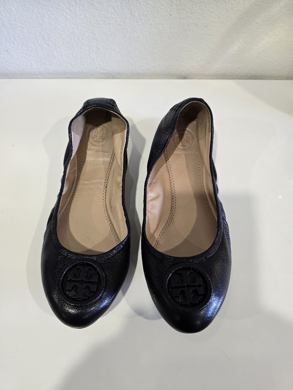 Tory Burch Black Leather Logo Ballet Flats